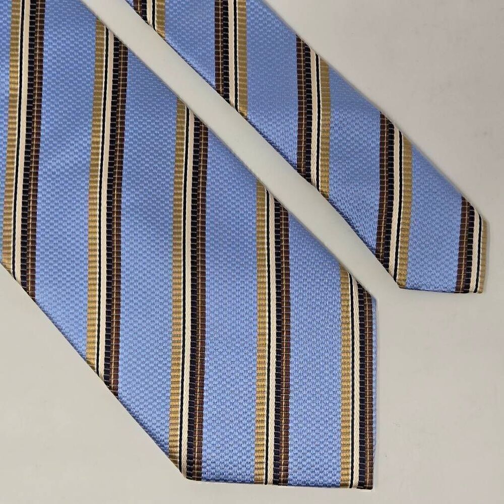 ATESETA FIRENZE ITALY SILK TIE BLUE TAN HEAVY LUXURY SATIN STRIPE 3.75" X 59"